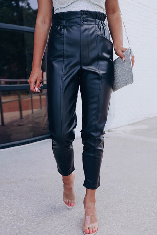 Black High Waist PU Leather Cropped Pants