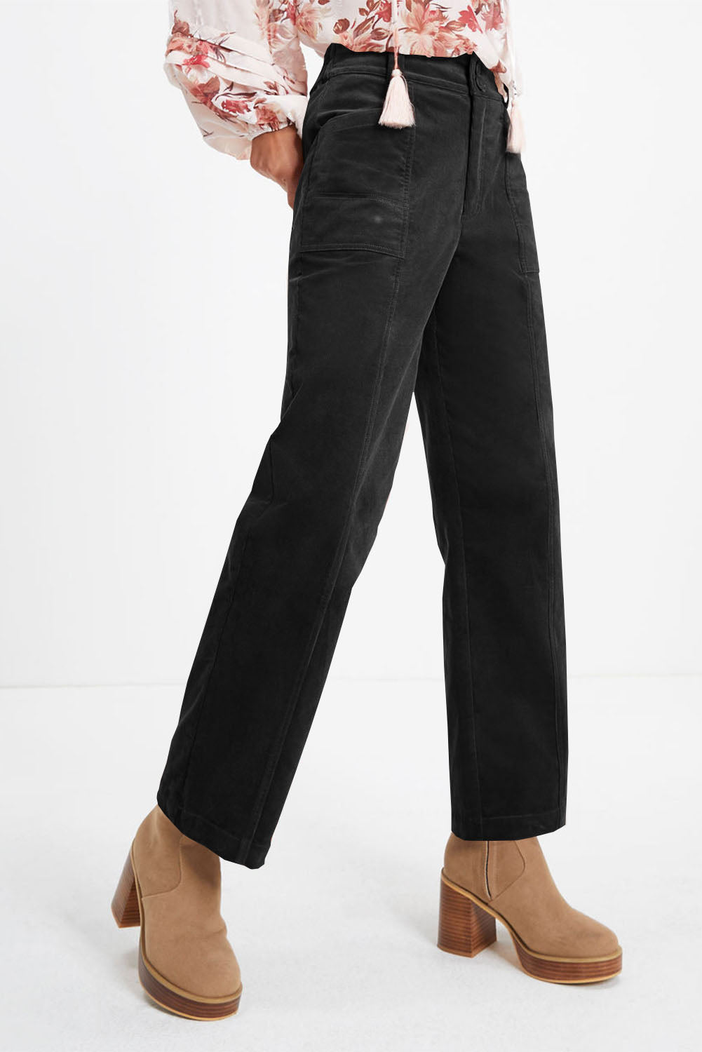 Black Pocketed Elastic Waist Straight Pants