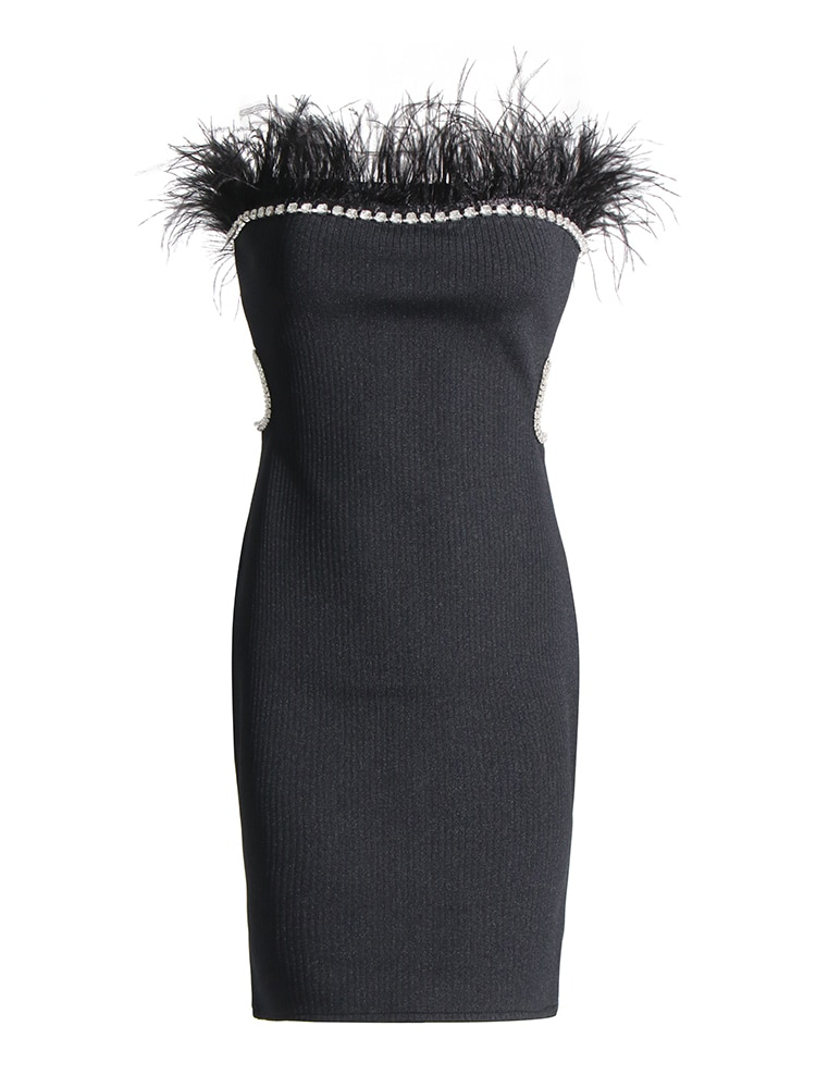 Spliced Feather Hollow Out Diamond Dress - Whiicka