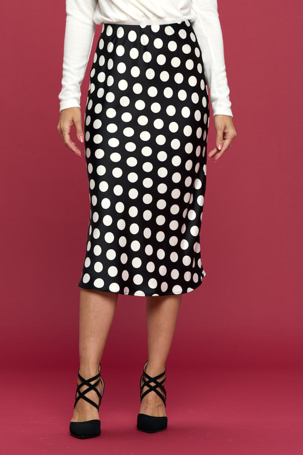 Polka Dot Satin Midi Skirt