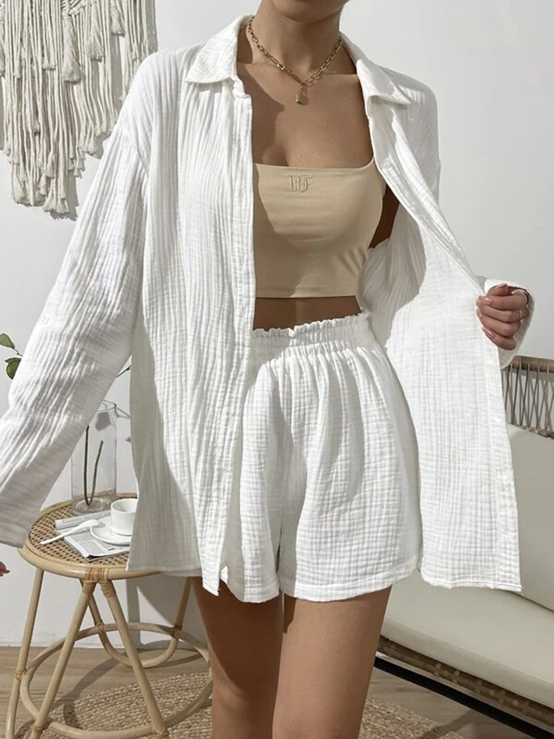 White Button Up Top and Elastic Waist Shorts Set