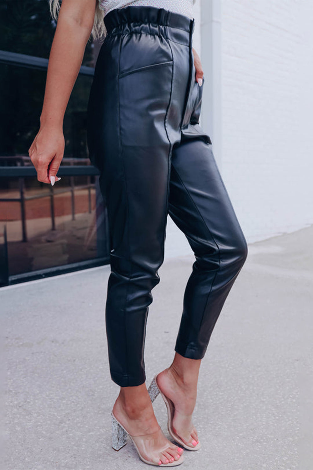 Black High Waist PU Leather Cropped Pants