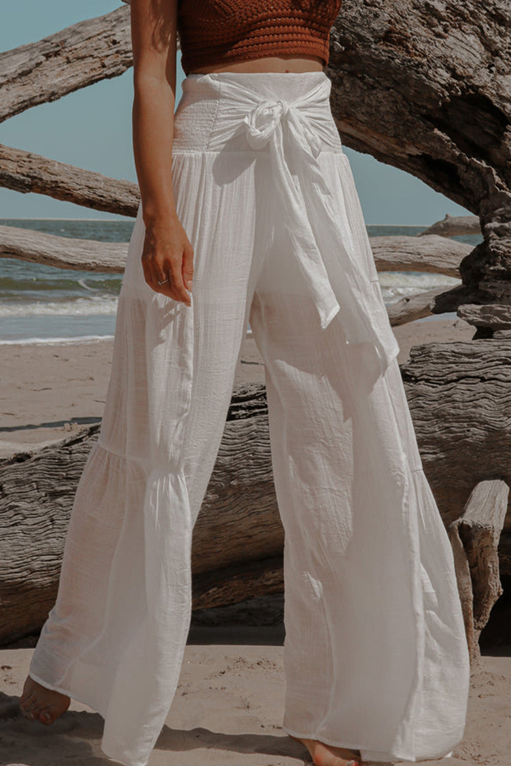 White Smocked Tied Wide Leg Pants