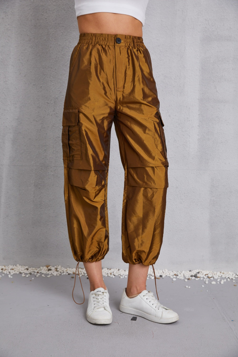 Black Drawstring High Waist Pants with Cargo Pockets