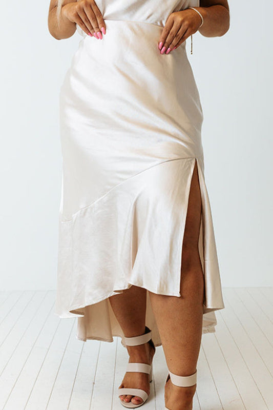 Plus Size White Slit Ruffled Skirt