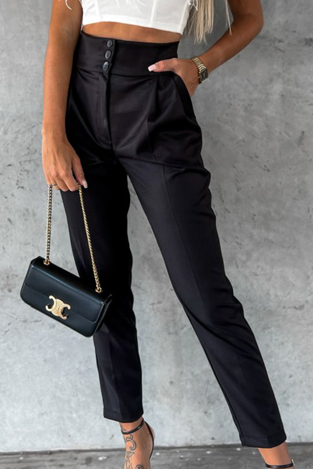 Black High Waist Wide Waistband Pants