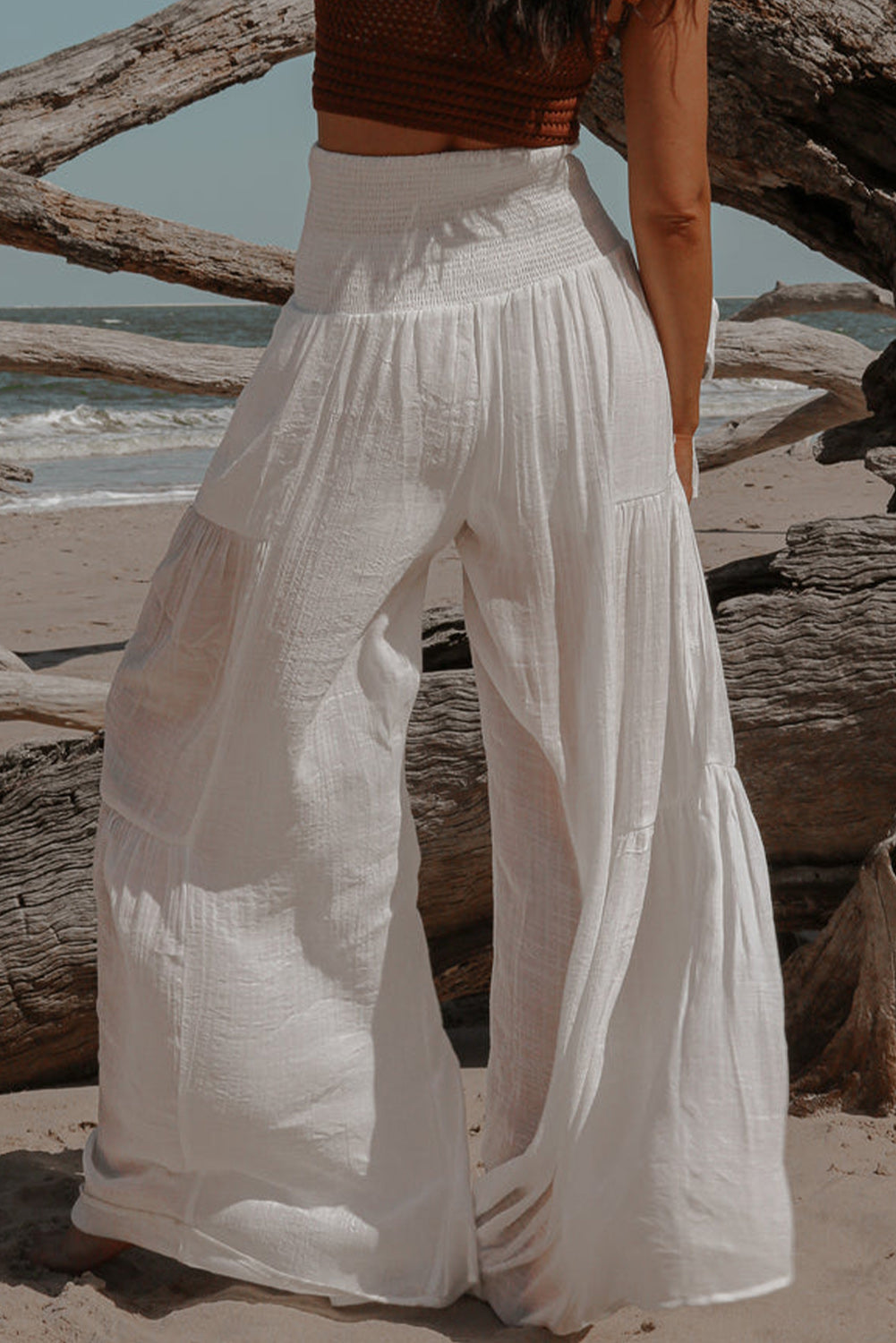 White Smocked Tied Wide Leg Pants