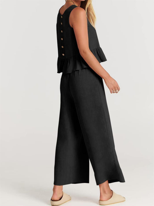 Round Neck Top and Wide Leg Pants Set