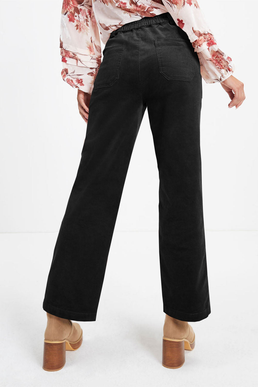 Black Pocketed Elastic Waist Straight Pants