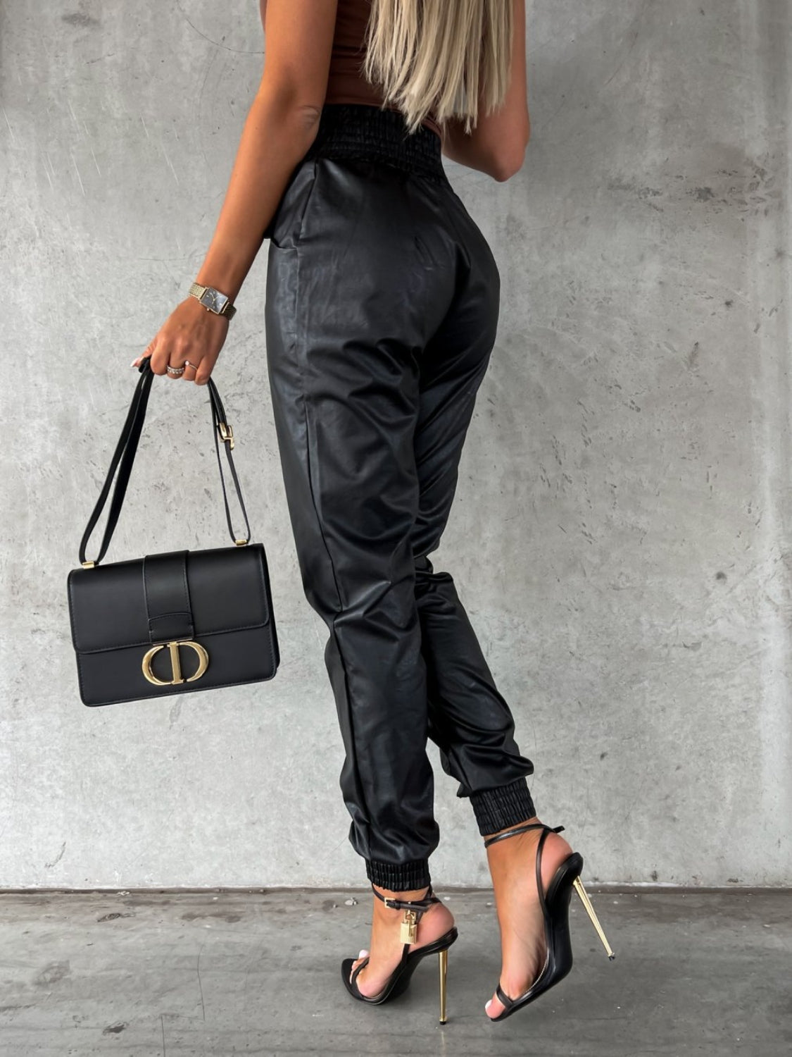 Black Smocked High Waist Pants with Pockets