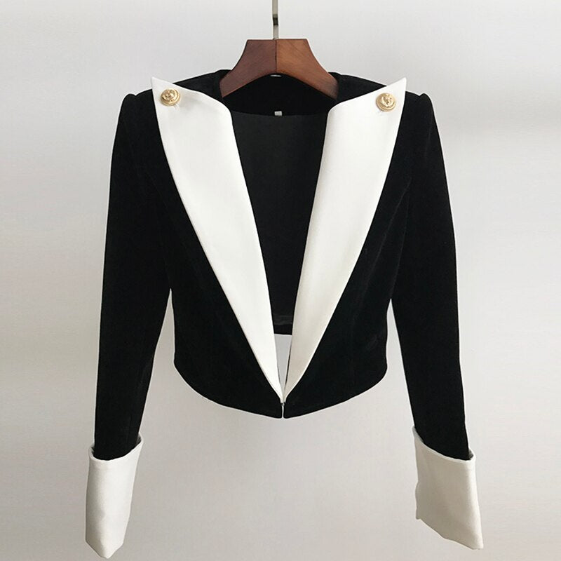 Big Collar Color Block Velvet Blazer - Whiicka