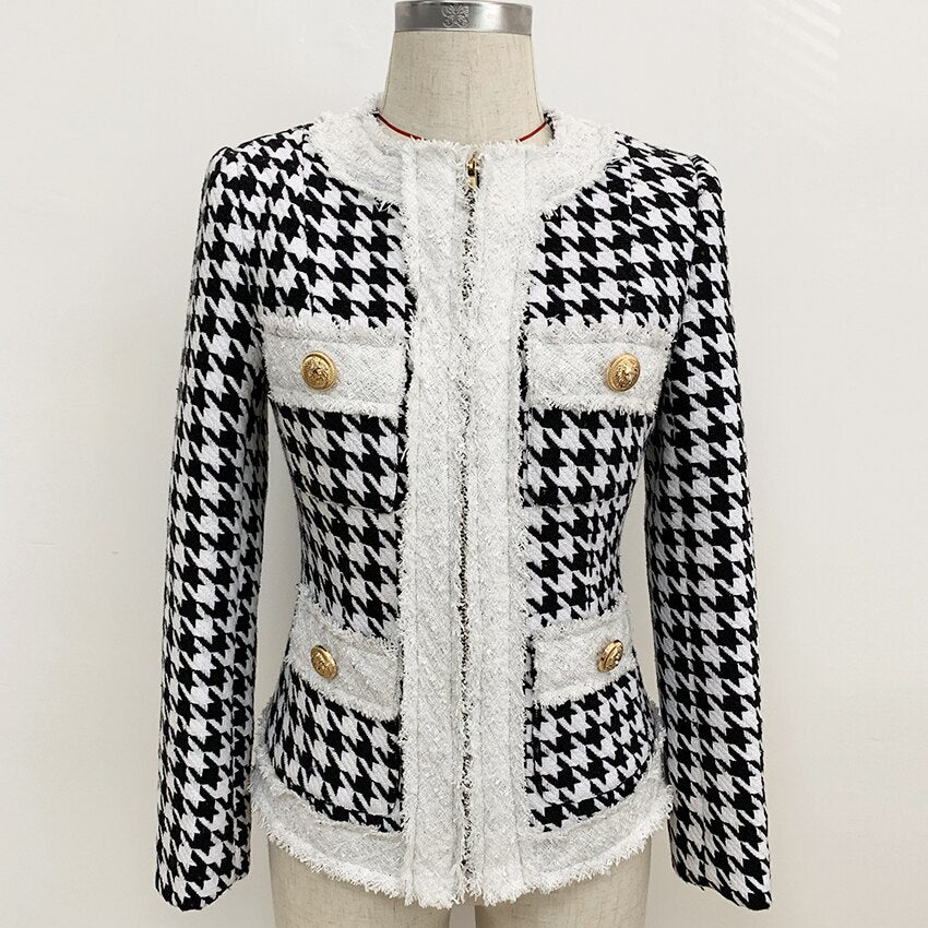 Zip Houndstooth Fringed Tweed Jacket - Whiicka