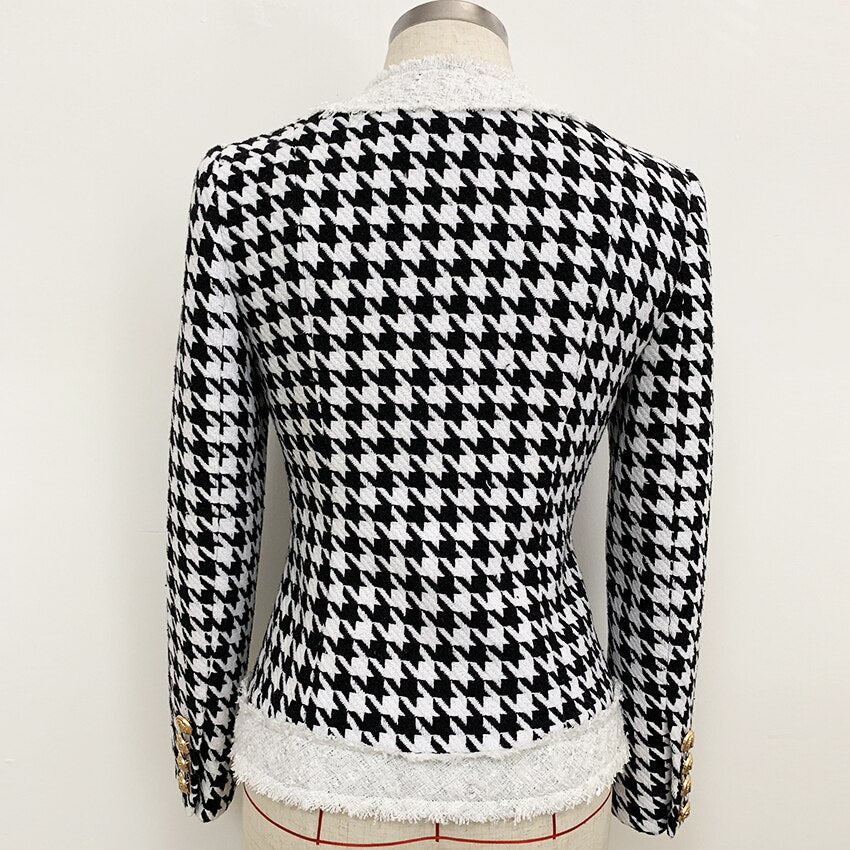 Zip Houndstooth Fringed Tweed Jacket - Whiicka