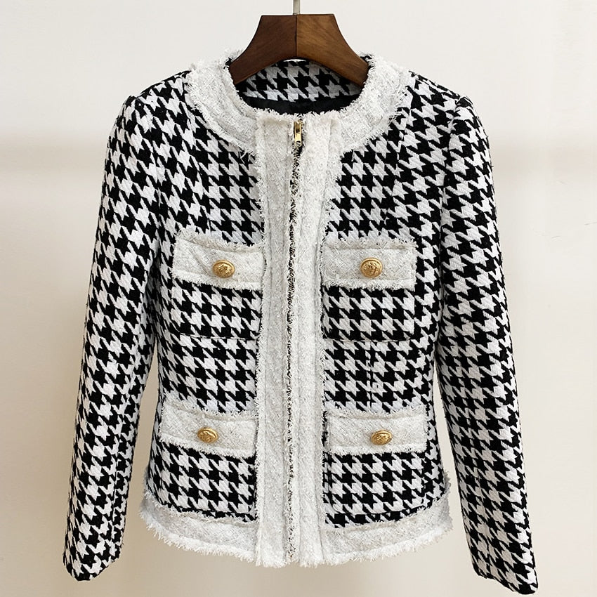 Zip Houndstooth Fringed Tweed Jacket - Whiicka