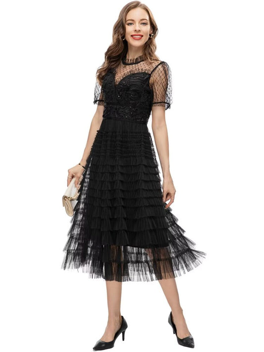 3D Ruffles Sequined Gauze Cascading Dress - Whiicka