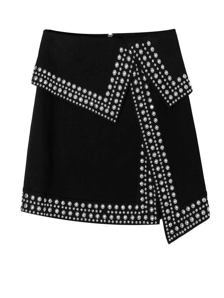 High Waist Irregular Rivet Hem Mini Skirt - Whiicka