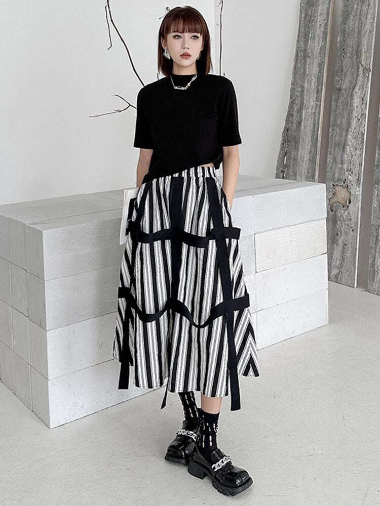 Striped Ribbon Casual Half-body Skirt - Whiicka