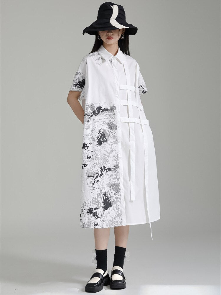 Pattern Printed Loose Fit Shirt Dress - Whiicka