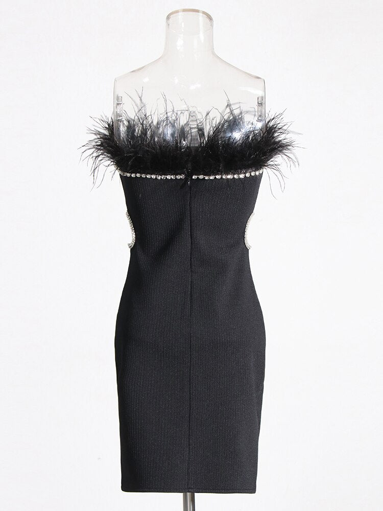 Spliced Feather Hollow Out Diamond Dress - Whiicka