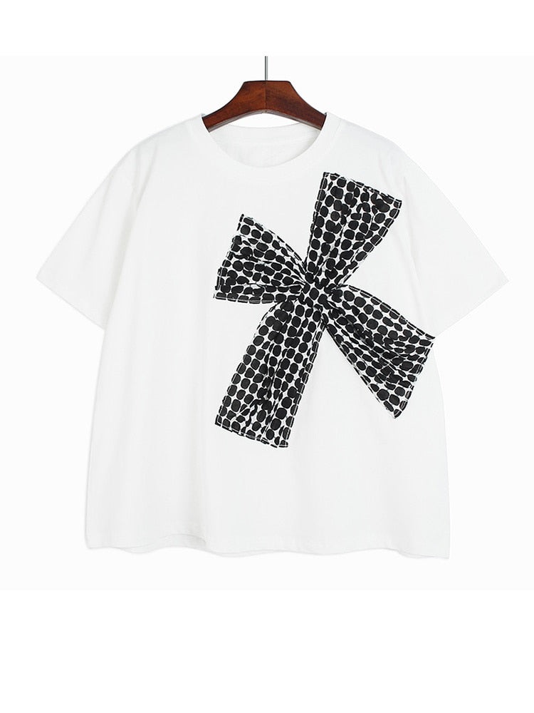 Plaid Bow Big Size Casual T-shirt - Whiicka