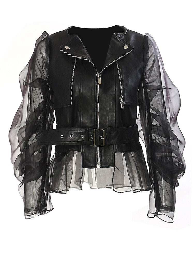 Pu Leather Mesh Sleeves Elegant Jacket - Whiicka