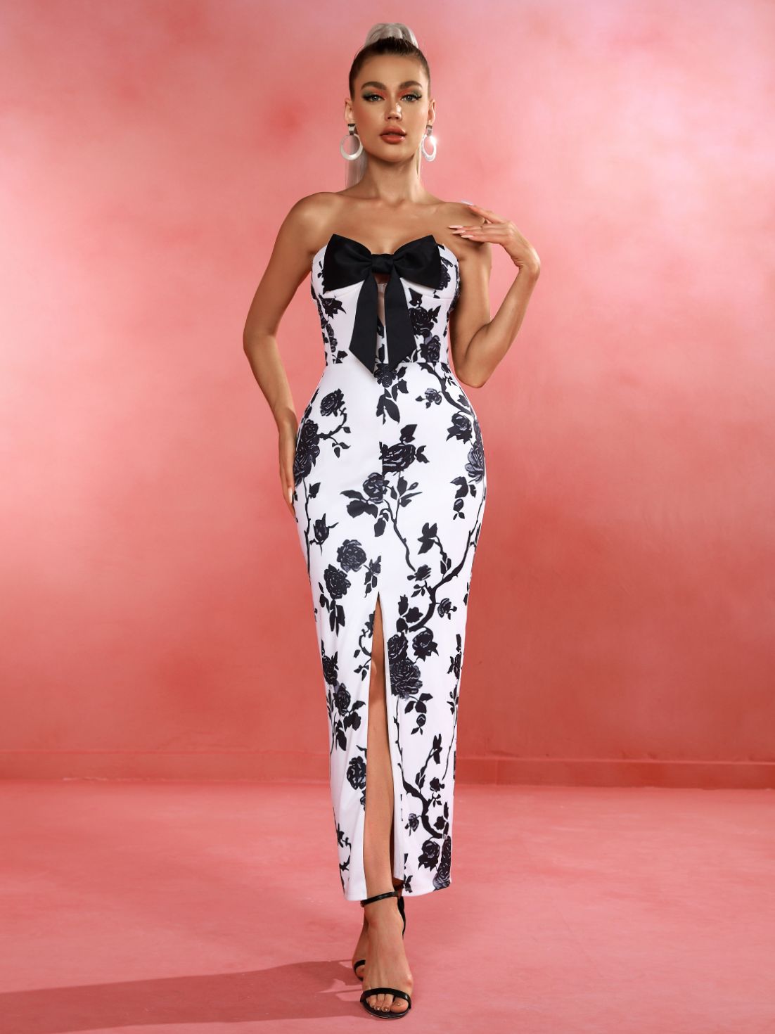 Strapless Floral Bow Front Slit Bodycon - Whiicka