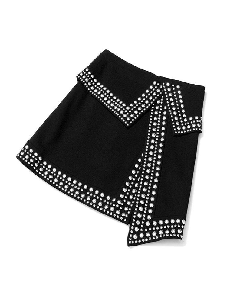 High Waist Irregular Rivet Hem Mini Skirt - Whiicka