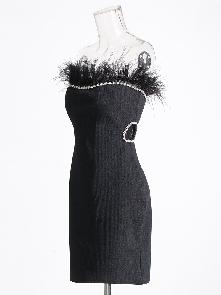 Spliced Feather Hollow Out Diamond Dress - Whiicka