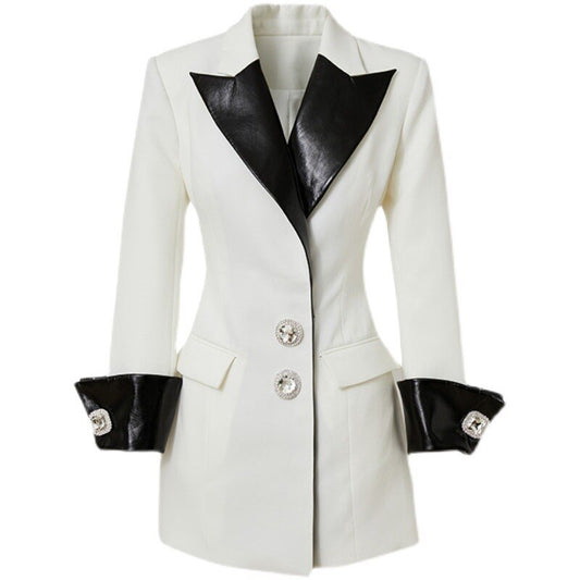 Leather Collar Diamonds Buttons Blazer Dress - Whiicka