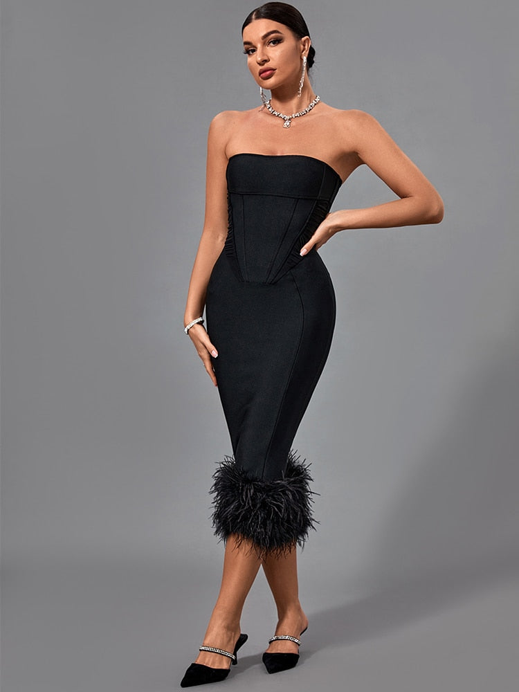 Black Strapless Feather Trim Midi Dress - Whiicka