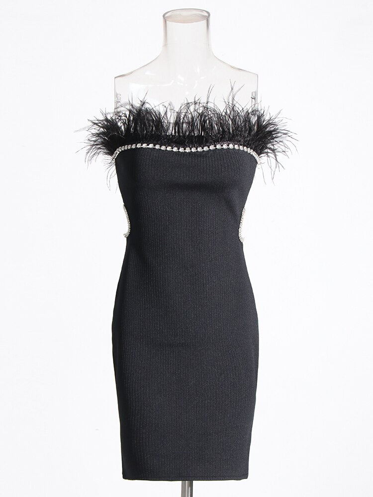 Spliced Feather Hollow Out Diamond Dress - Whiicka