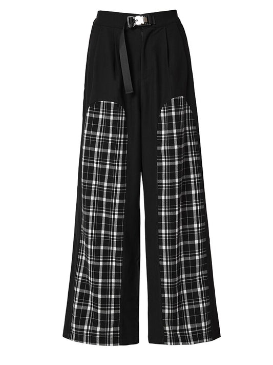 Plaid Color-block Wide Leg Long Pants - Whiicka