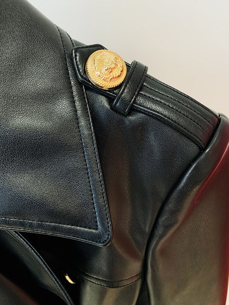 Double Breasted Lion Buttons Leather Coat - Whiicka