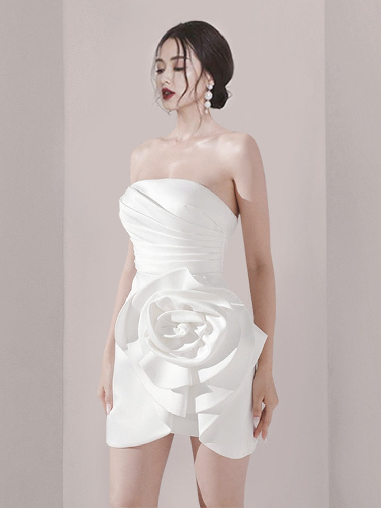 Strapless White Dress Flowers Folds - Whiicka