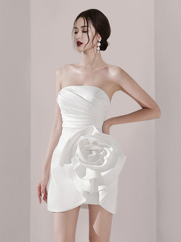 Strapless White Dress Flowers Folds - Whiicka