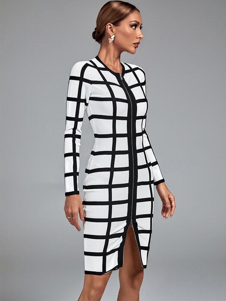 Front Zipper Black and White Sheath Dress - Whiicka