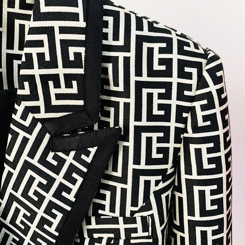 Lion Buttons Geometric Jacquard Blazer - Whiicka