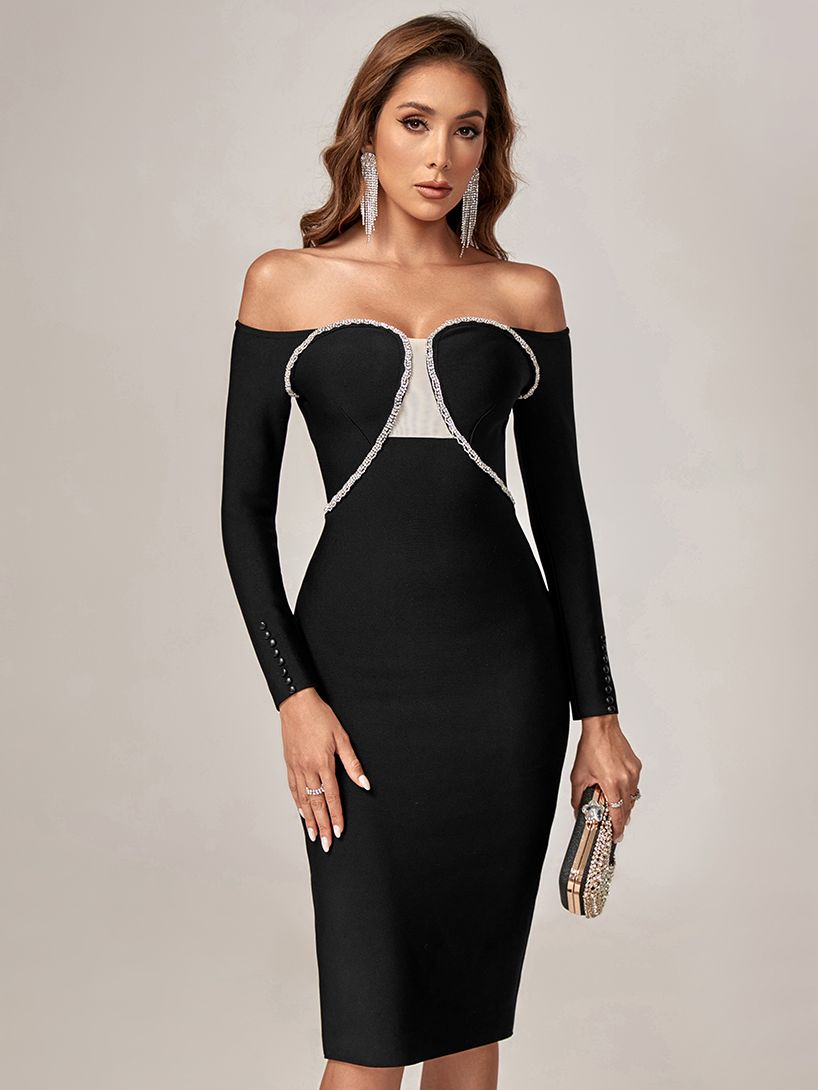 Crystal Mesh Off Shoulder Dress - Whiicka