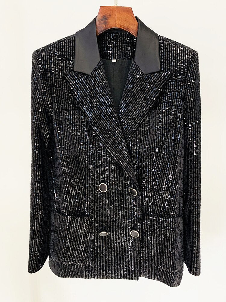 Double Breasted Sequined Velvet Blazer - Whiicka