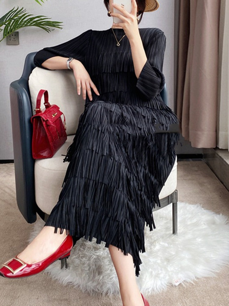 Three Quarter Sleeves Pleated Tassel Dress - Whiicka