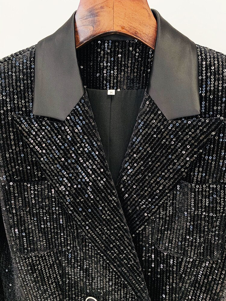 Double Breasted Sequined Velvet Blazer - Whiicka