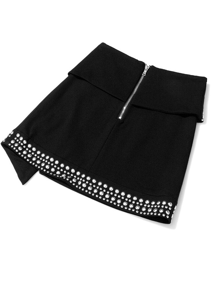 High Waist Irregular Rivet Hem Mini Skirt - Whiicka