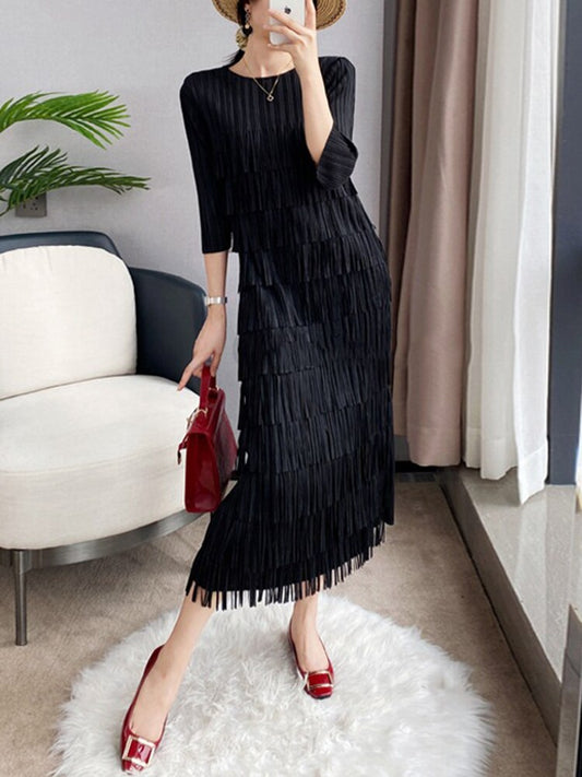 Three Quarter Sleeves Pleated Tassel Dress - Whiicka