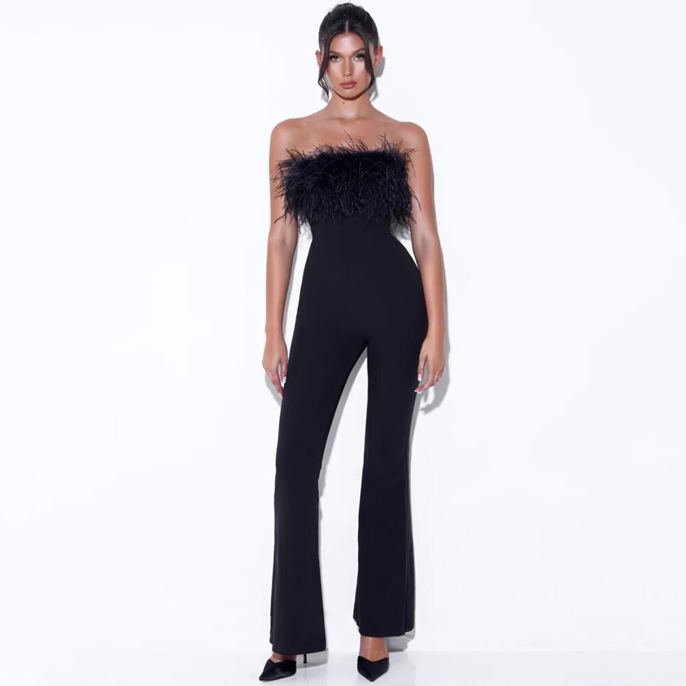 Feathers Strapless Bandage Jumpsuit - Whiicka