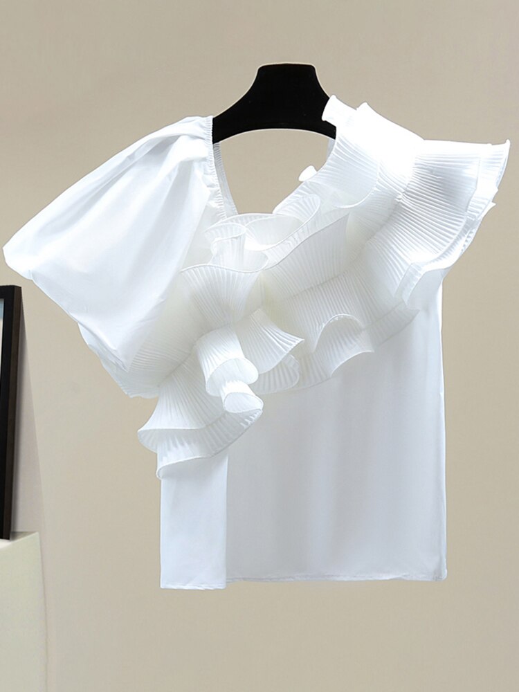 Irregular Collar Ruffle Trim T Shirt - Whiicka