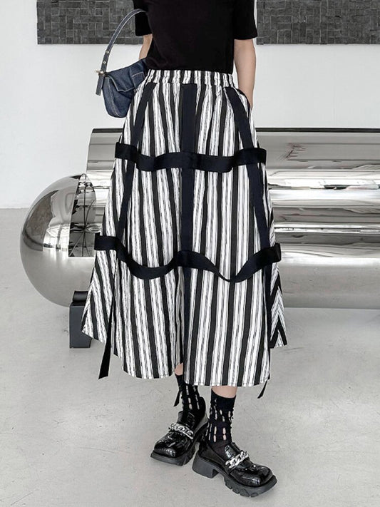 Striped Ribbon Casual Half-body Skirt - Whiicka