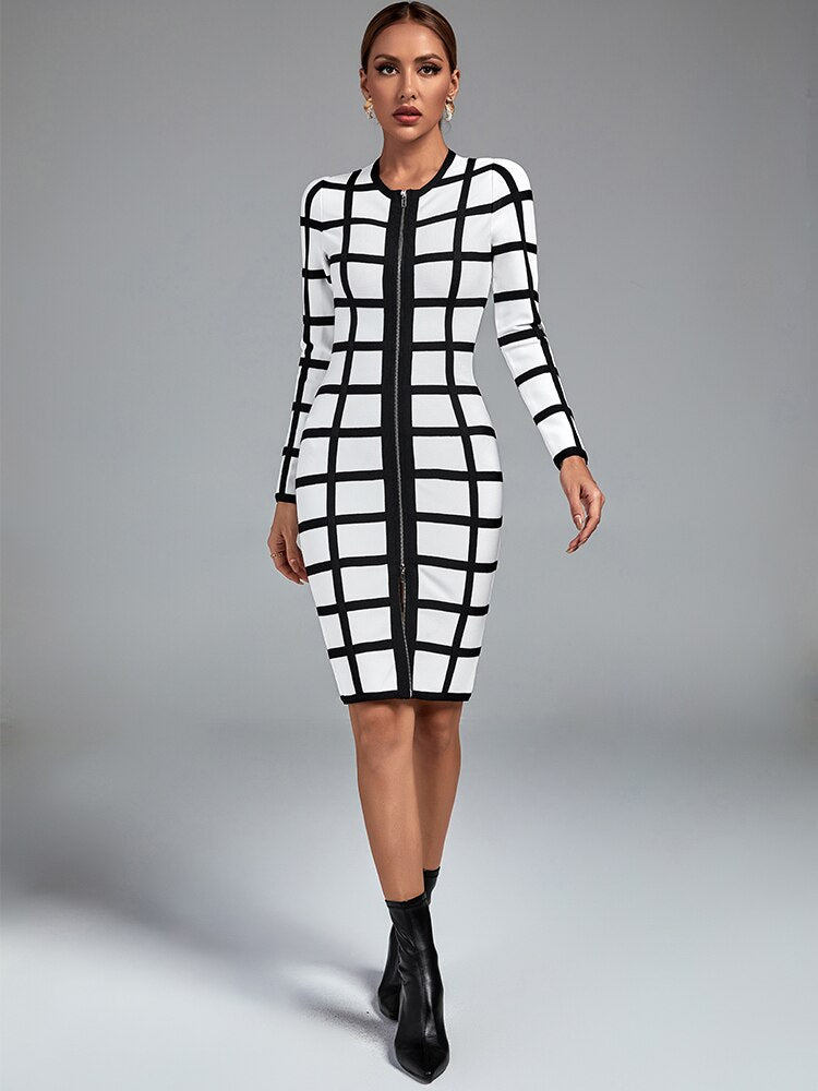 Front Zipper Black and White Sheath Dress - Whiicka