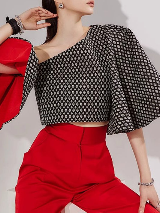 Skew Collar Butterfly Sleeve Blouse - Whiicka