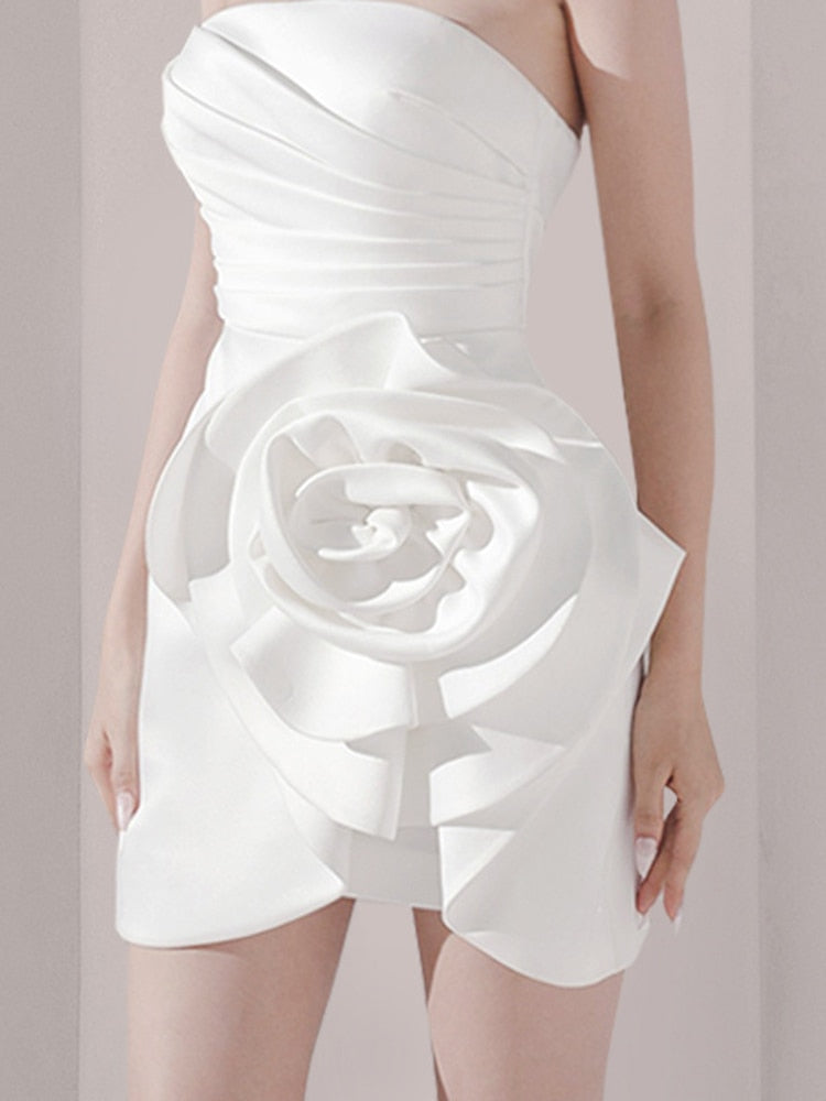 Strapless White Dress Flowers Folds - Whiicka