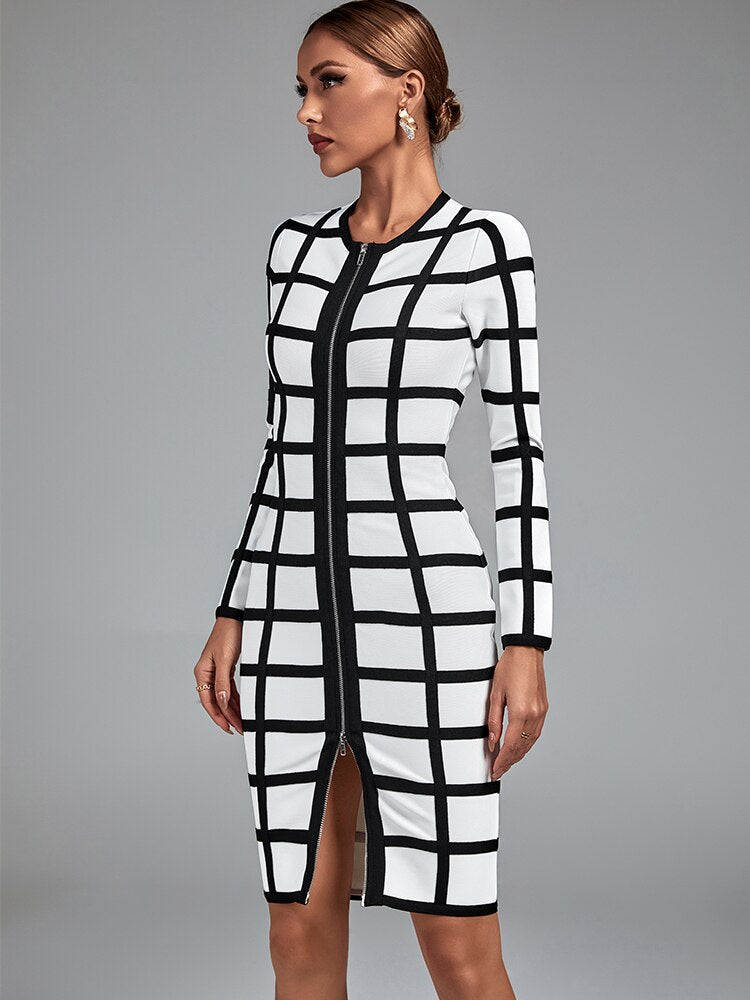 Front Zipper Black and White Sheath Dress - Whiicka